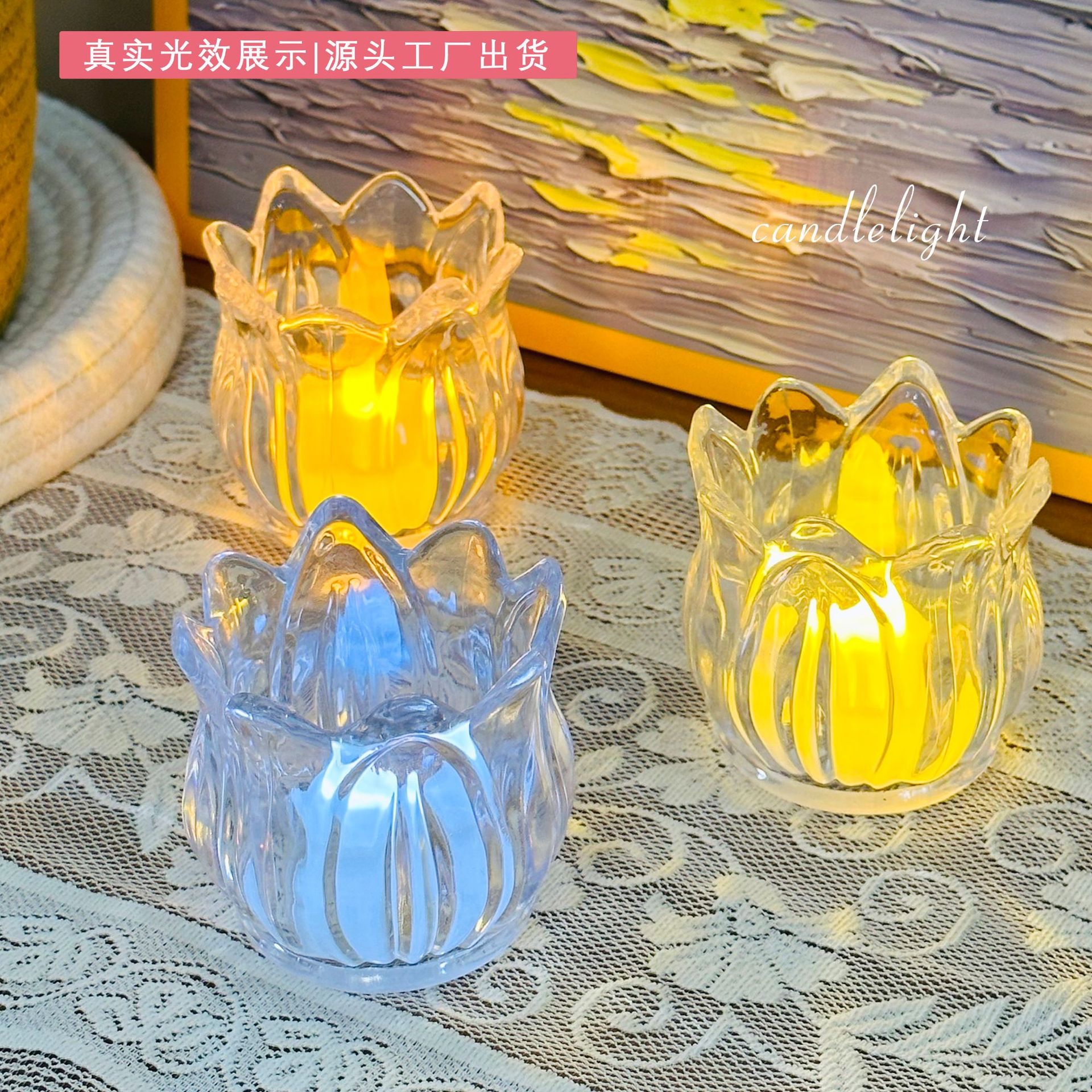Ins-style tulip glass candlestick + transparent crystal electronic candle lamp, a must-have for wedding restaurants, a romantic atmosphere decoration details Picture