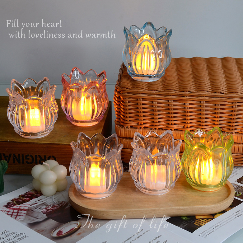 Ins-style tulip glass candlestick + transparent crystal electronic candle lamp, a must-have for wedding restaurants, a romantic atmosphere decoration Specification image