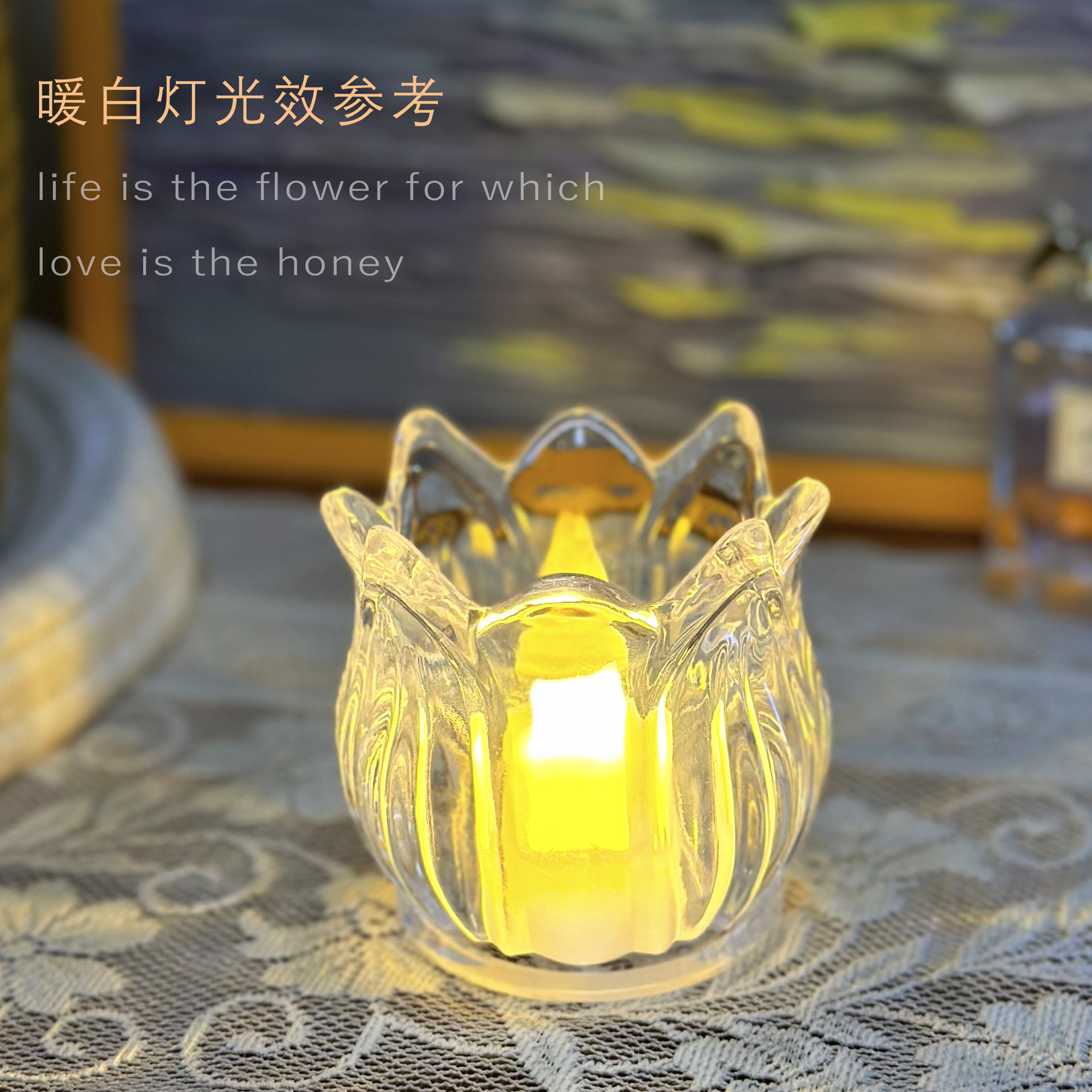 Ins-style tulip glass candlestick + transparent crystal electronic candle lamp, a must-have for wedding restaurants, a romantic atmosphere decoration Application Scenario