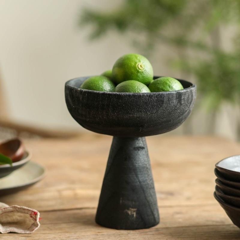 厂家直销 侘寂风黑色高脚小果盘摆件 做旧实木水果托盘 中式果盆民宿装饰图