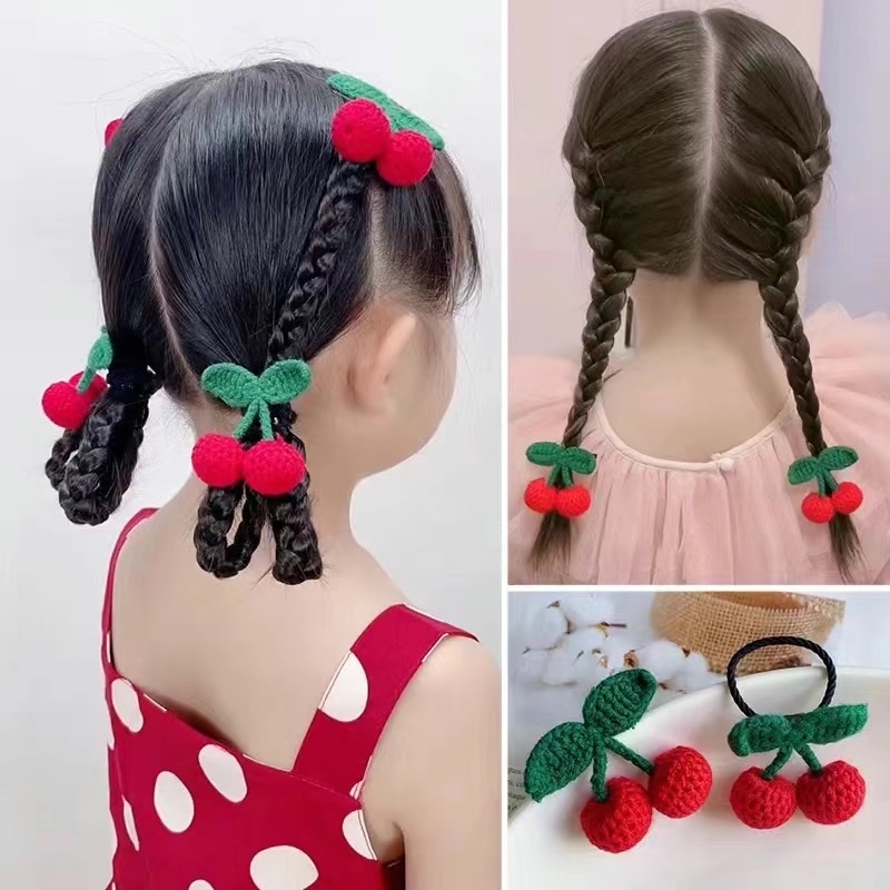 Net Red Knitted Cherry Hair Clip Autumn And Winter Cute Children's Hair Tie Girls Happy Chinese Red Tie Hair Ornaments Specification drawing