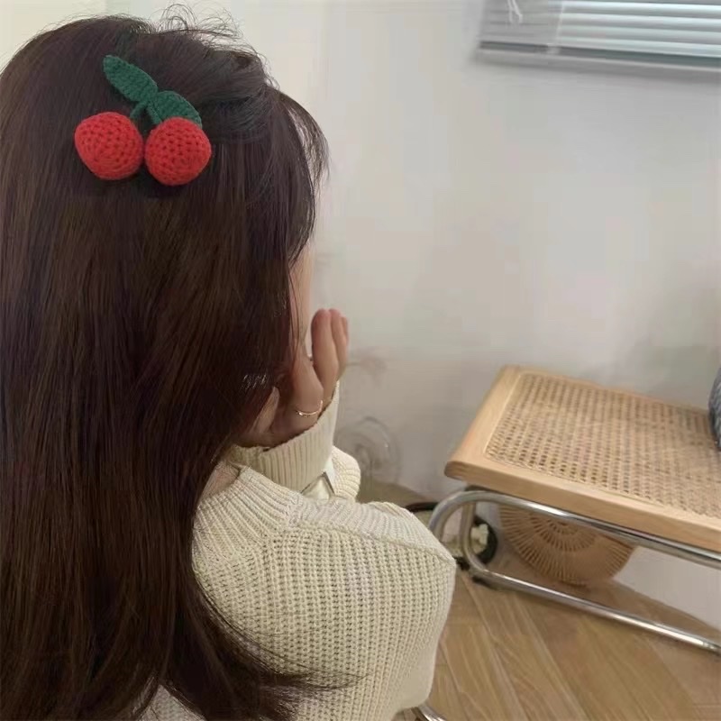 Net Red Knitted Cherry Hair Clip Autumn And Winter Cute Children's Hair Tie Girls Happy Chinese Red Tie Hair Ornaments Item Picture
