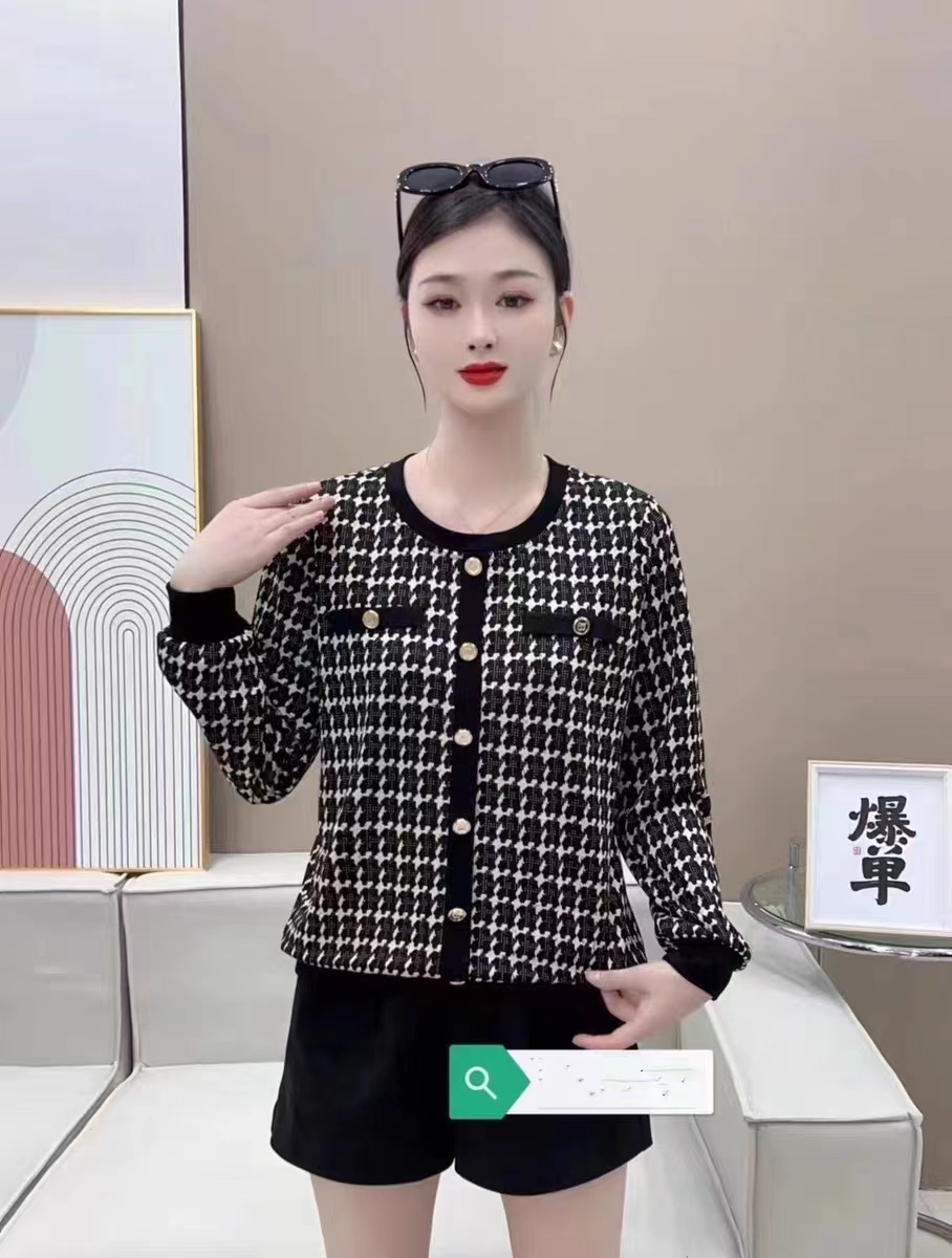 A fashionable and elegant black and white fine-check long-sleeved top for women's autumn and winter 2023 Item Picture