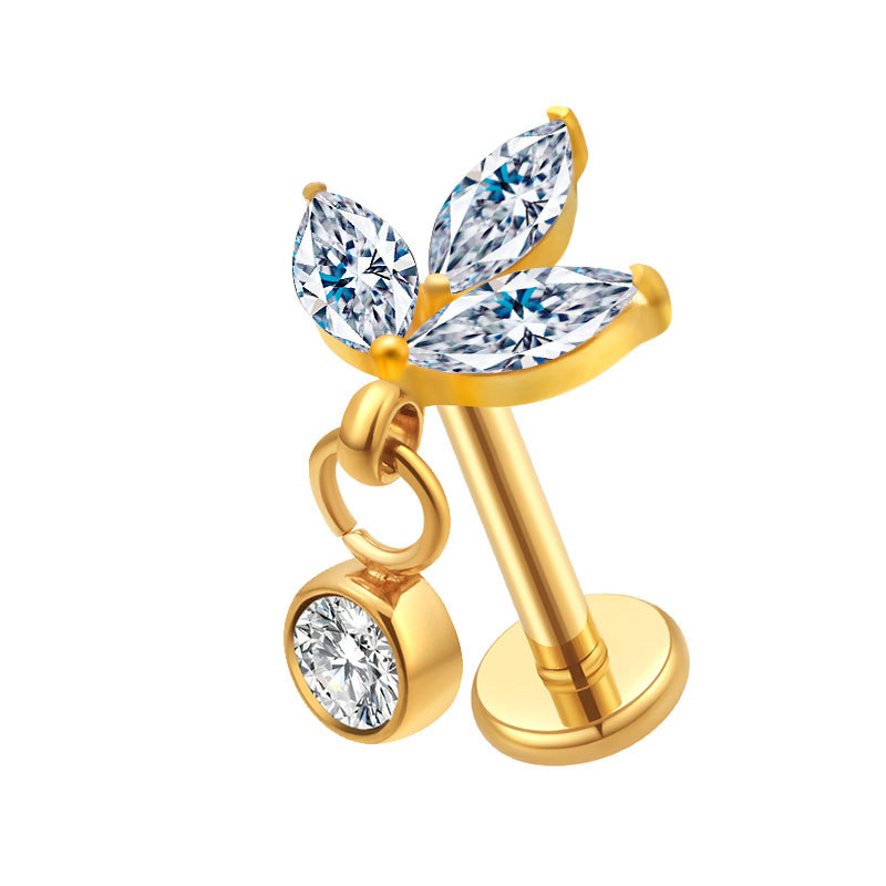 新款G23钛唇钉耳钉  三叶草+镶钻吊坠 穿刺饰品厂家直销产品图