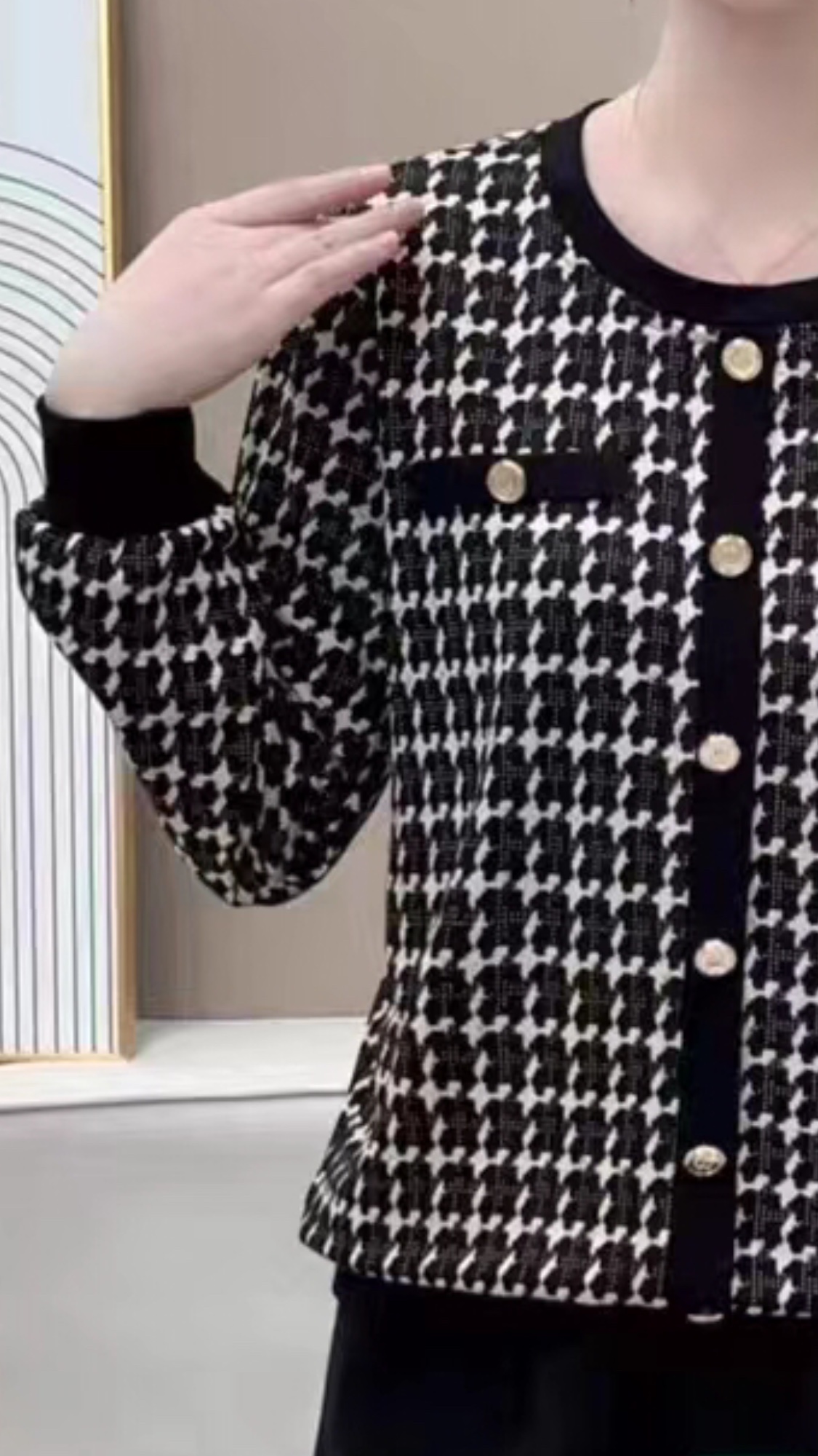 A fashionable and elegant black and white fine-check long-sleeved top for women's autumn and winter 2023 Application Scenario