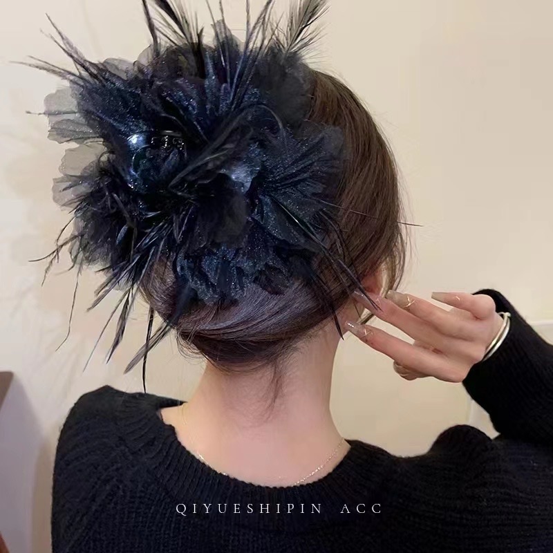 Pearl Organza Feather Flower Hairpin Back Head Curling Hair Grab Headpiece Temperament Spring Clip Hairpiece Influencer Specification drawing