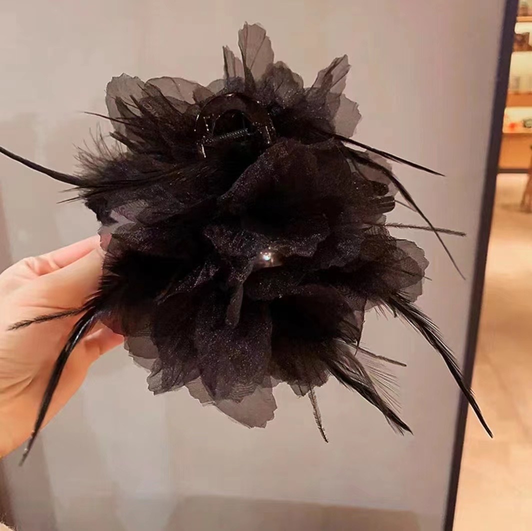 Pearl Organza Feather Flower Hairpin Back Head Curling Hair Grab Headpiece Temperament Spring Clip Hairpiece Influencer