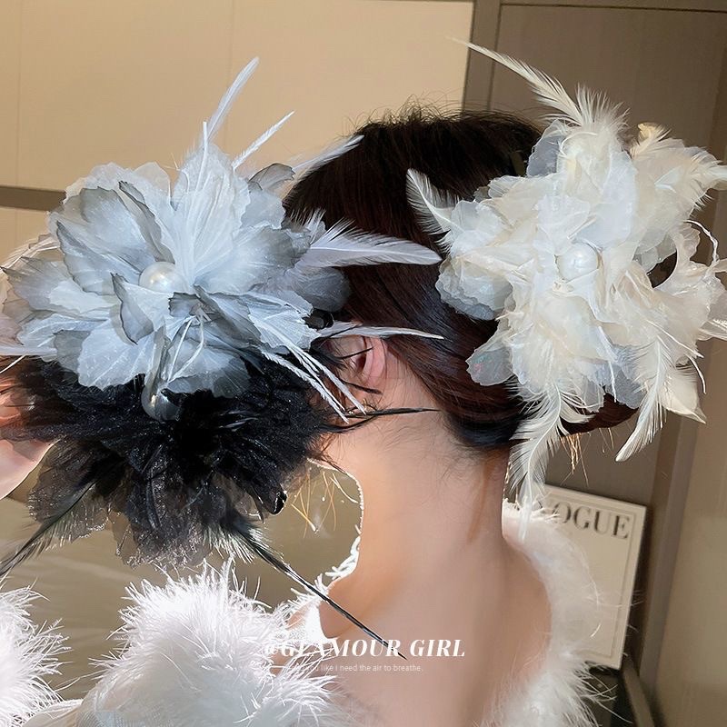 Pearl Organza Feather Flower Hairpin Back Head Curling Hair Grab Headpiece Temperament Spring Clip Hairpiece Influencer Item Picture