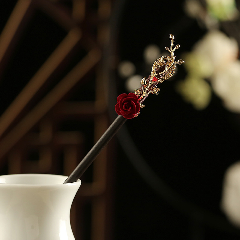 Xingyang Jewelry Vintage Wood Decoration Plus Alloy Flocking Big Red Rose Plus Plum Gilt Dot Drill 12 Hairpins details Picture