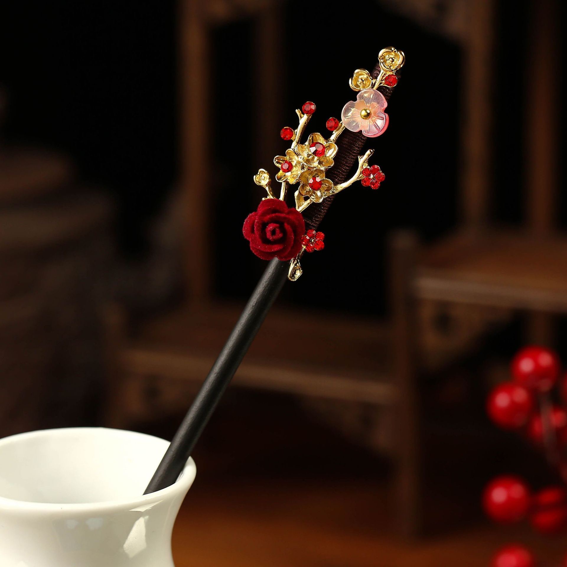 Xingyang Jewelry Vintage Wood Decoration Plus Alloy Flocking Big Red Rose Plus Plum Gilt Dot Drill 12 Hairpins