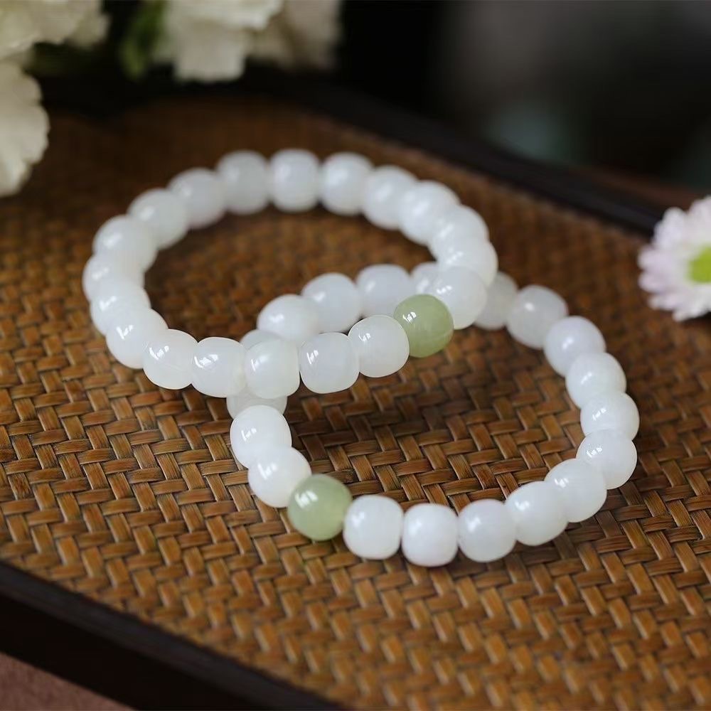 Natural Hetian white jade vintage bead bracelet for couples details Picture