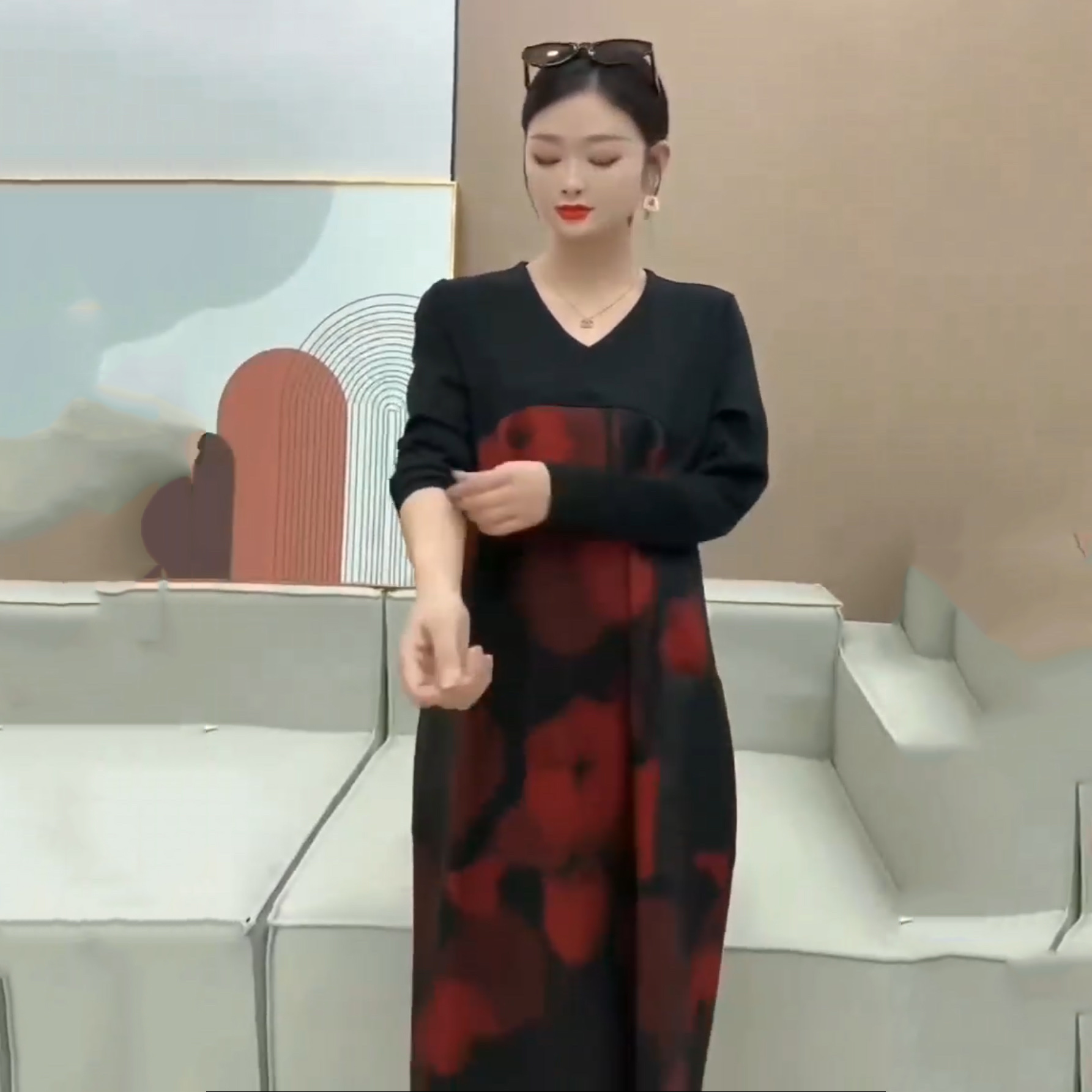 2023 New women's autumn and winter long-sleeved dress with open pocket