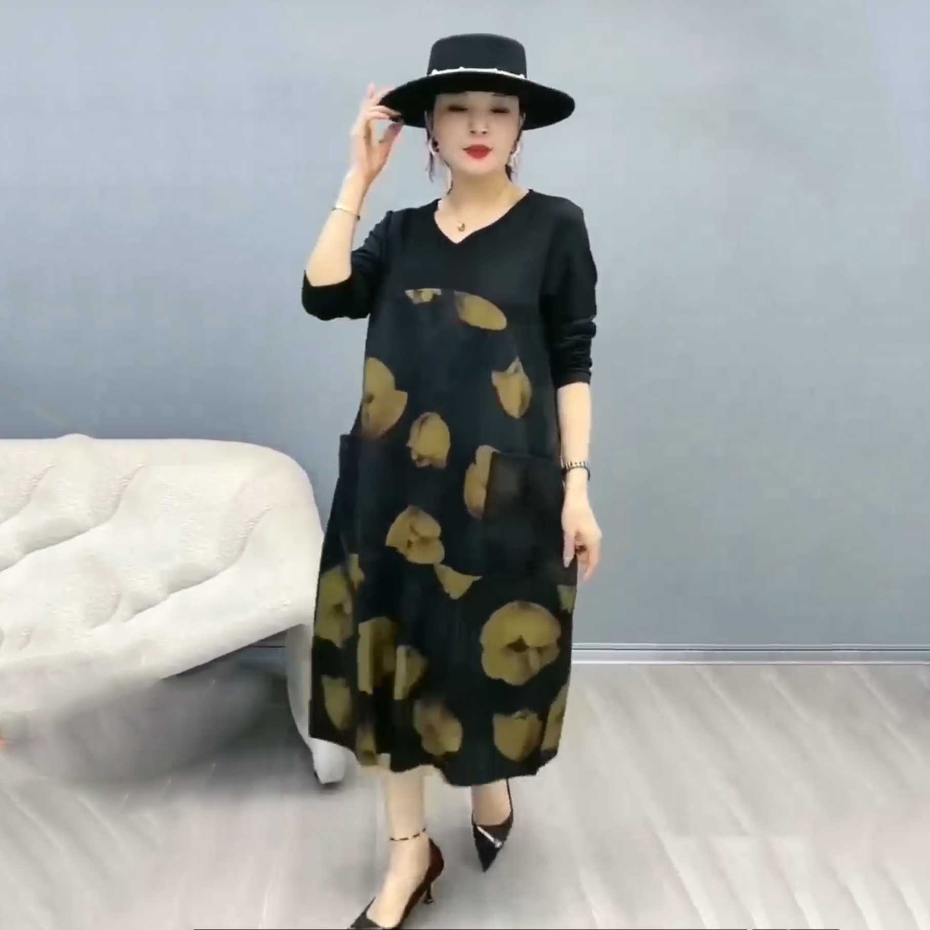 2023 New women's autumn and winter long-sleeved dress with printed pocket