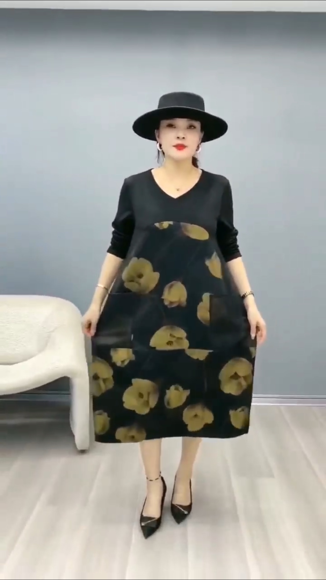 2023 New women's autumn and winter long-sleeved dress with printed pocket Item Picture