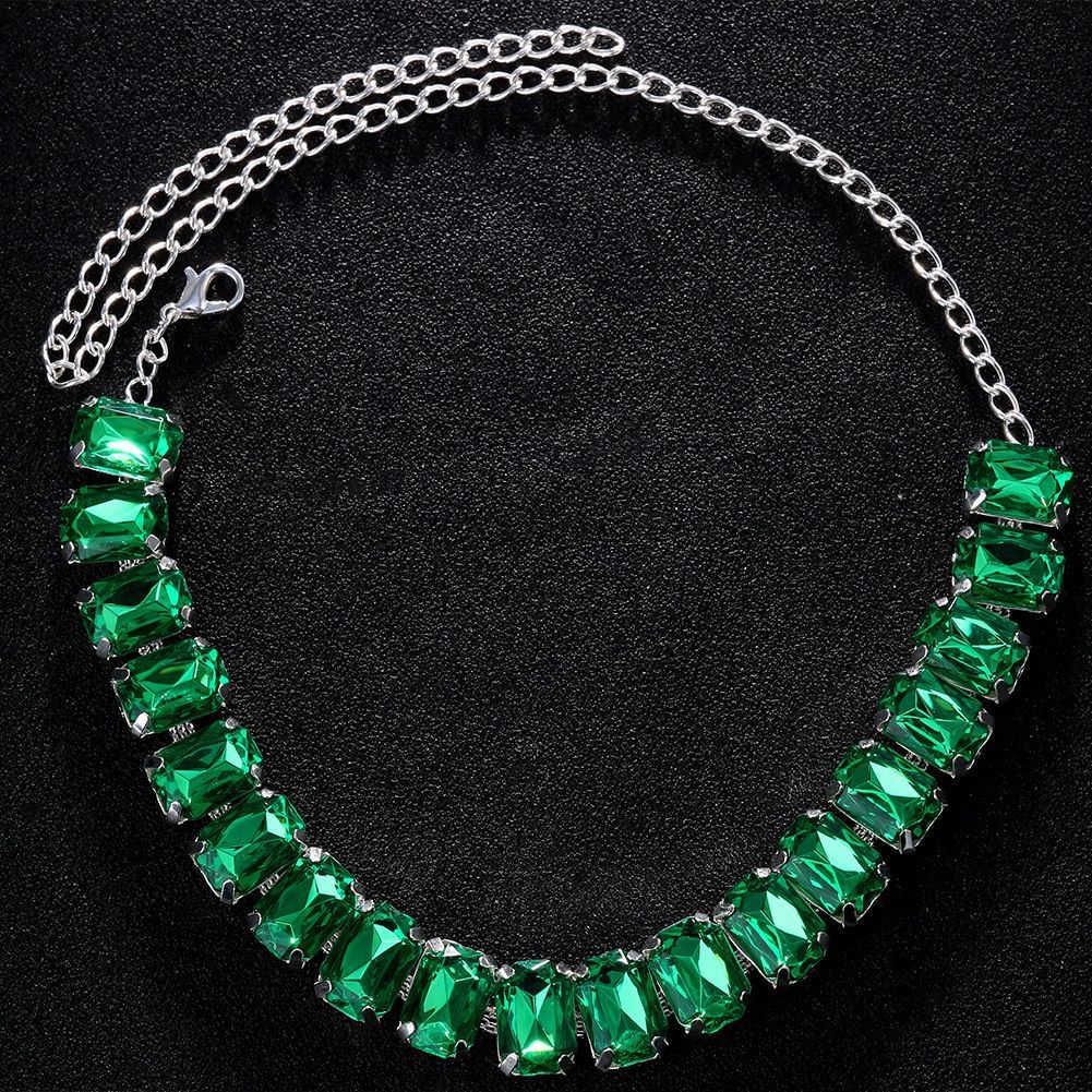 European and American simple full-diamond colorful necklace, versatile vacation accessory, acrylic rectangular diamond cxzs details Picture