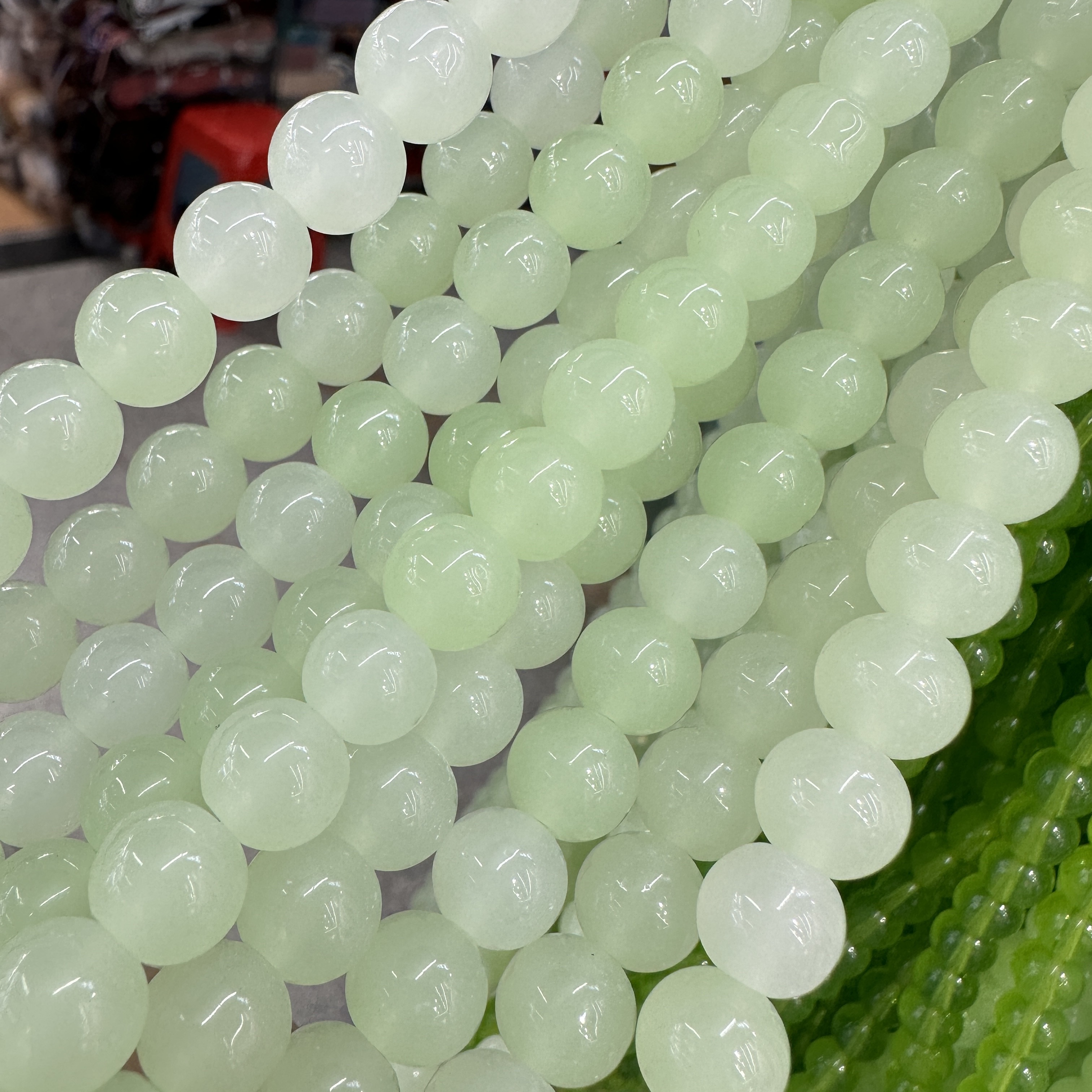 Wholesale of new 10mm natural color glass beads diy jewelry accessories. Live-streamed wholesale of popular glass beads on Xiaohongshu, green jade, fruit green jade, white jade, olive green Item Picture