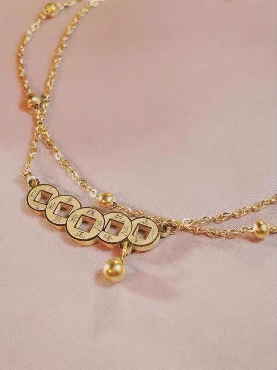 Vintage copper money 2023 new foot chain women's ankle bracelet titanium steel does not fade niche design bell foot naked chain sexy Specification drawing