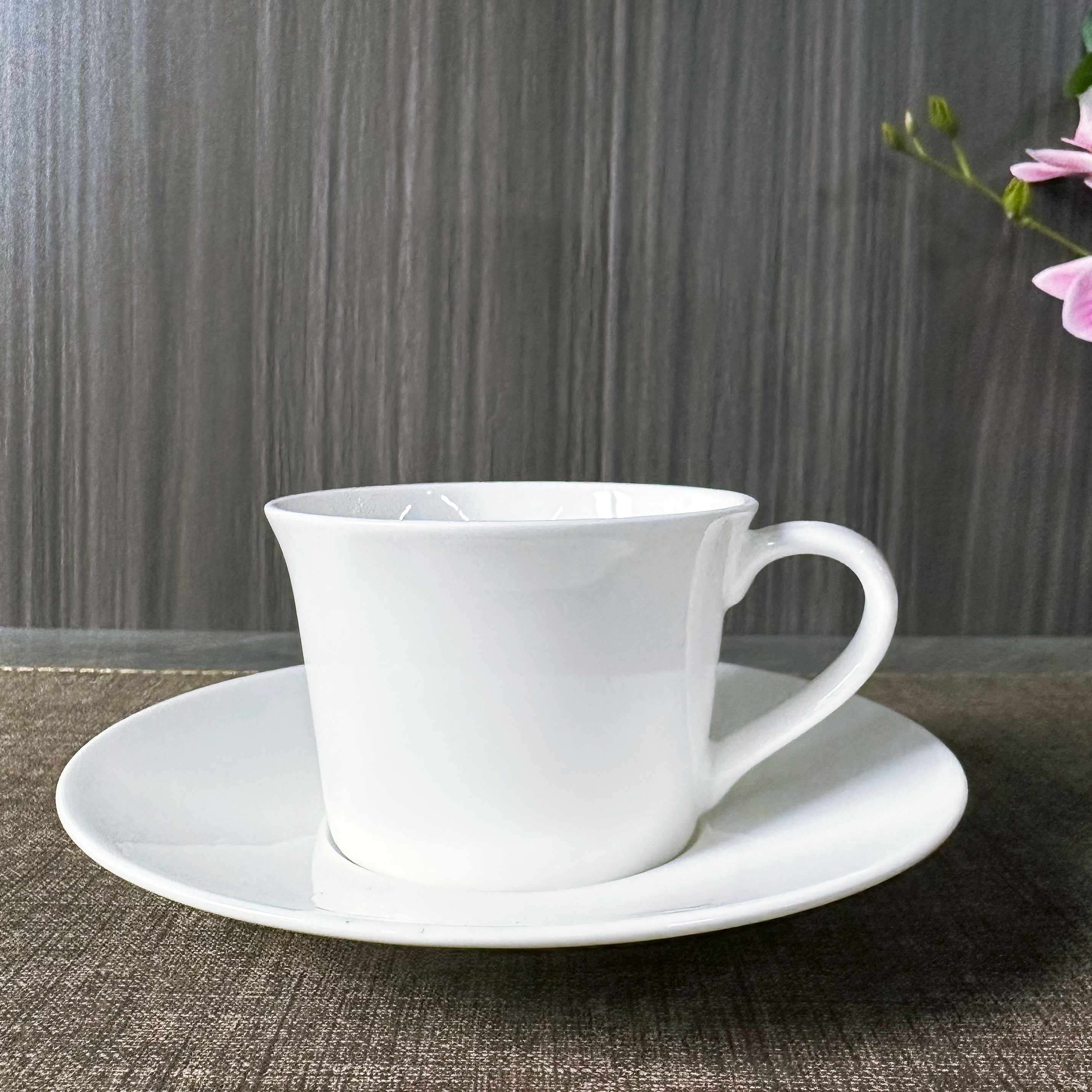 Classic white porcelain coffee cup and plate set of two pieces, hotel, restaurant, buffet, business and household