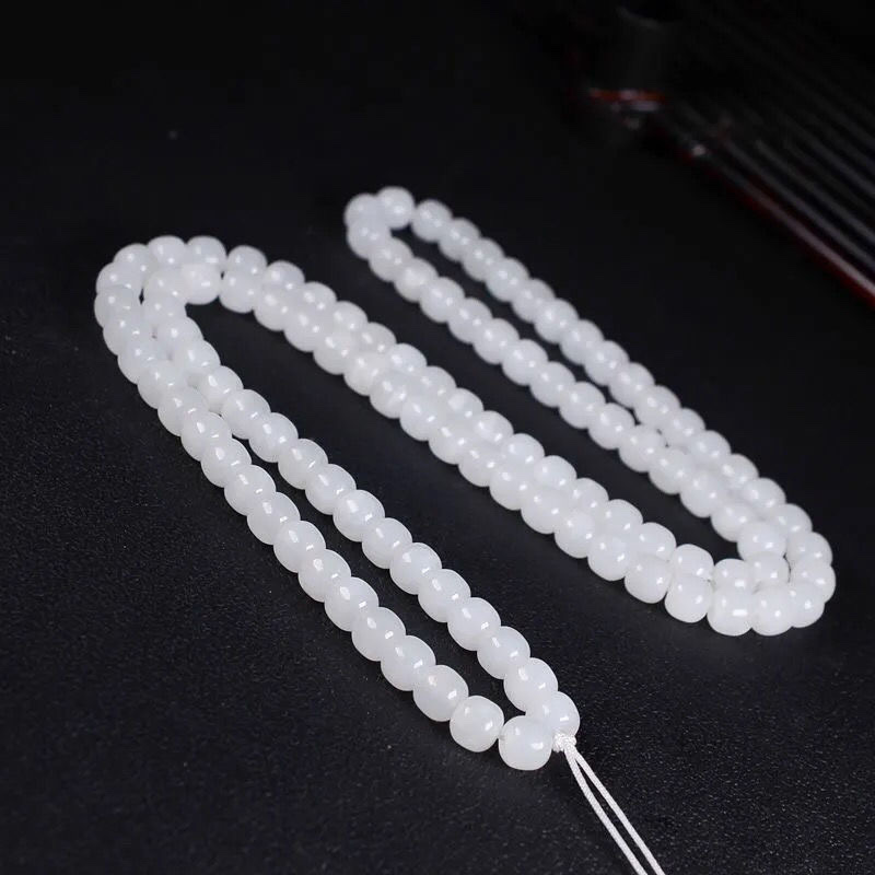 Hetian White Jade Women's necklace, natural Qinghai white jade 7x8m old-style bead sweater chain, 108 beads chain