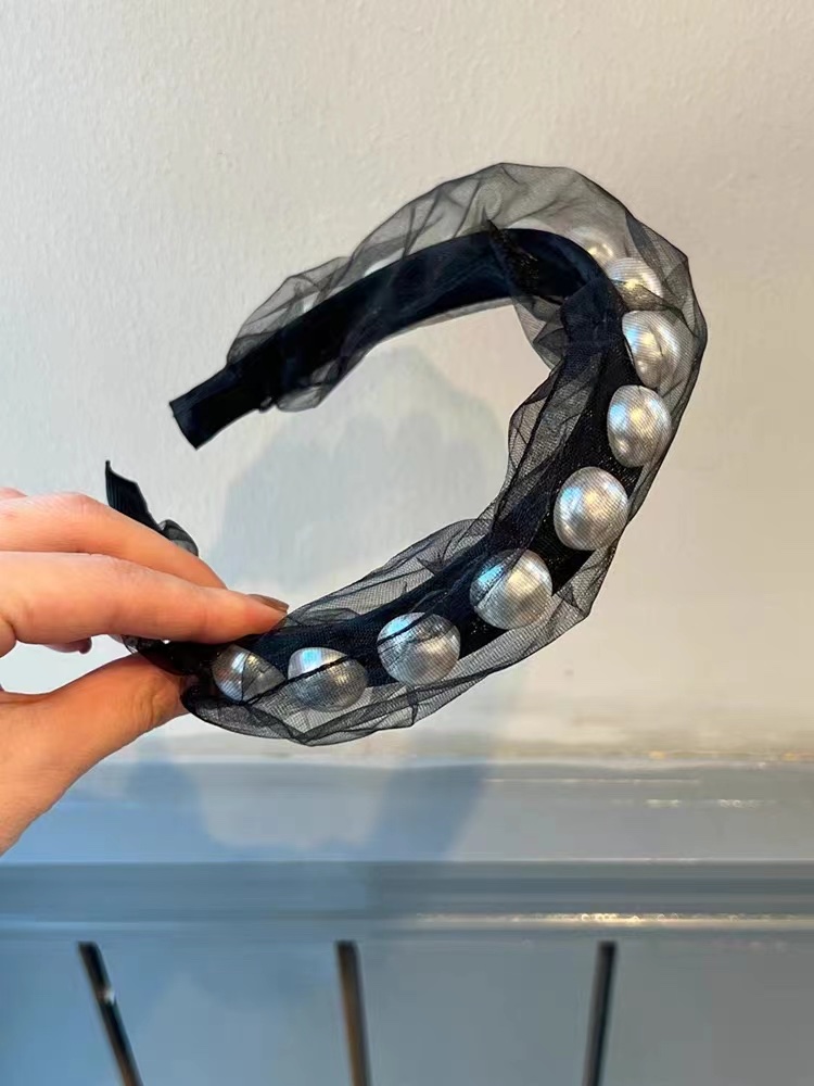 简约珍珠网纱发箍气质高级感女款发饰韩国小众设计感头饰气质名媛网红复古网纱大珍珠发箍