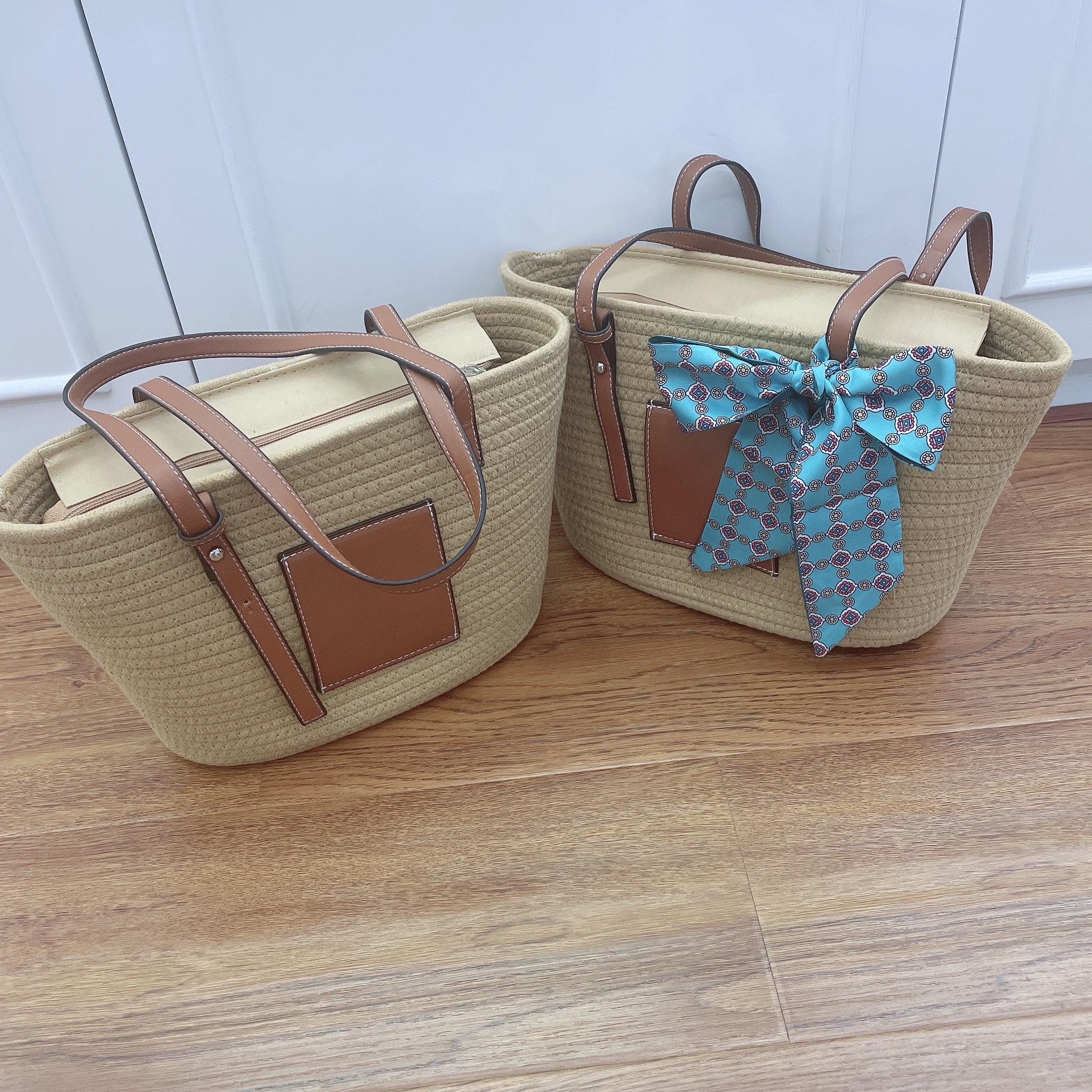 Leather strap, hand-woven bag, single-shoulder bag, tote bag, adjustable shoulder strap, straw woven bag, beach bag, woven bag, women's straw woven bag, artistic straw woven bag Specification image