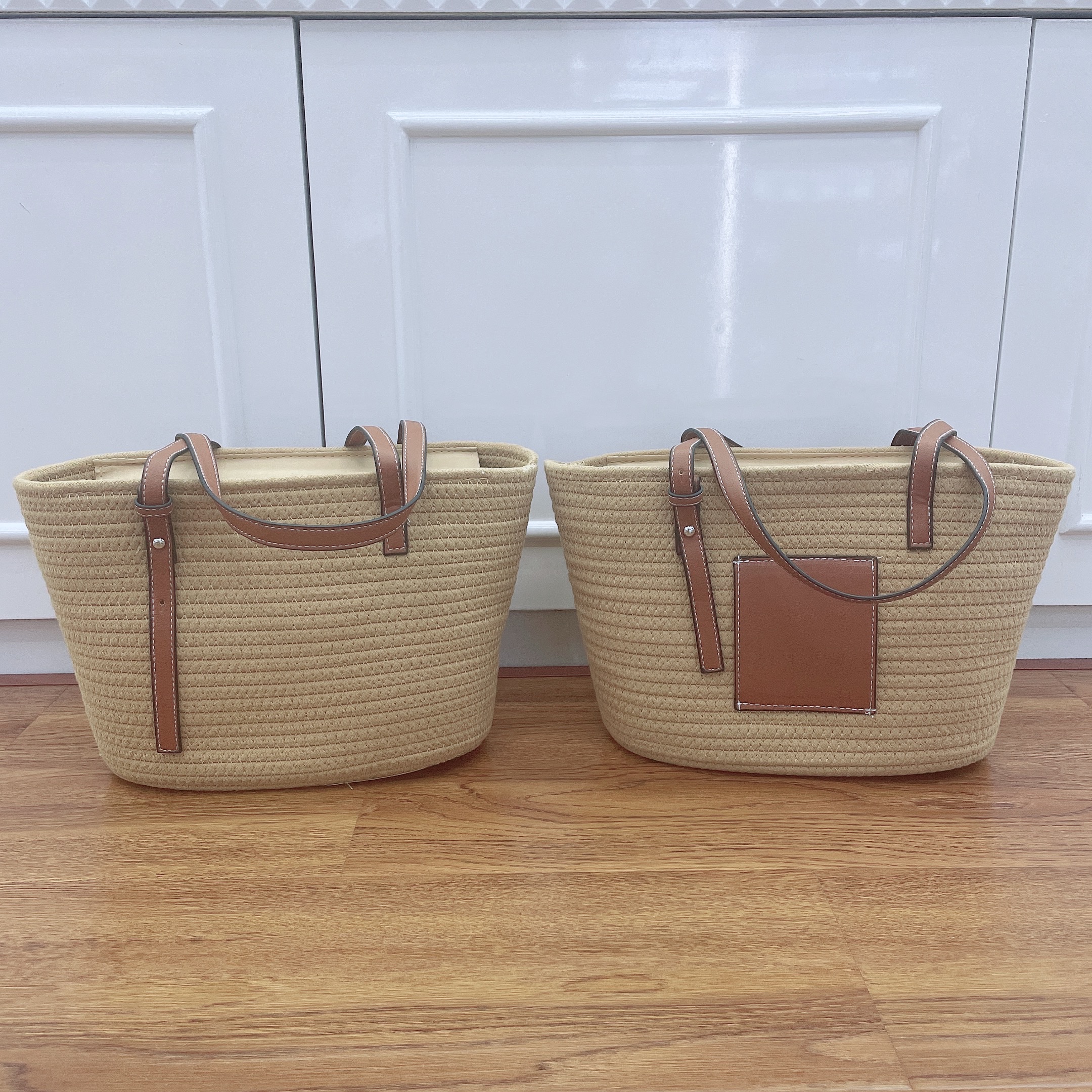 Leather strap, hand-woven bag, single-shoulder bag, tote bag, adjustable shoulder strap, straw woven bag, beach bag, woven bag, women's straw woven bag, artistic straw woven bag details Picture