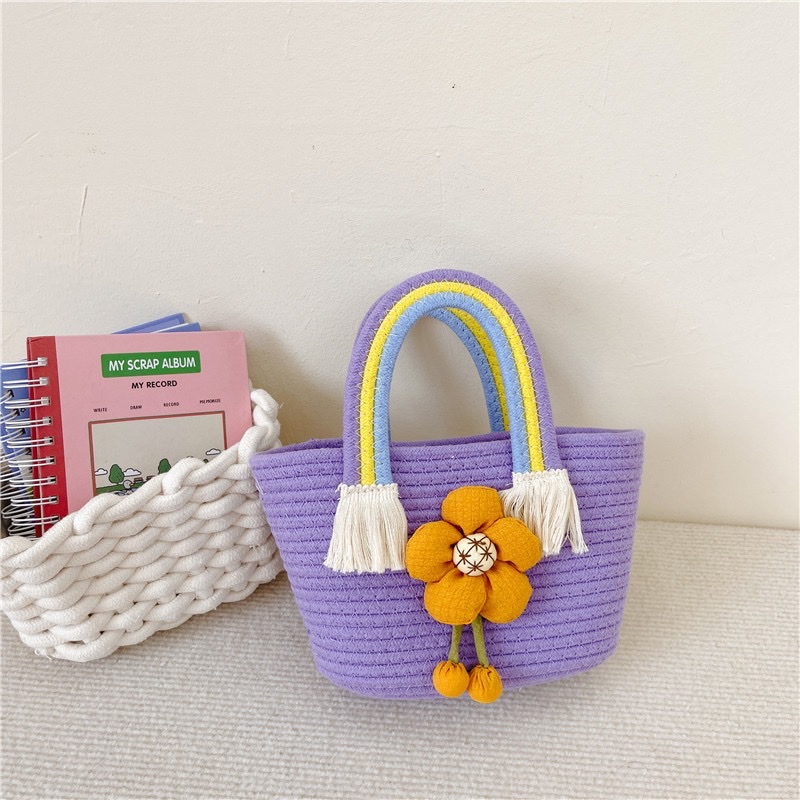 Wholesale of hand-woven bags, rainbow handbags, companion baskets, cute flower bags, hand-held beach bags, cotton thread children's bags Item Picture