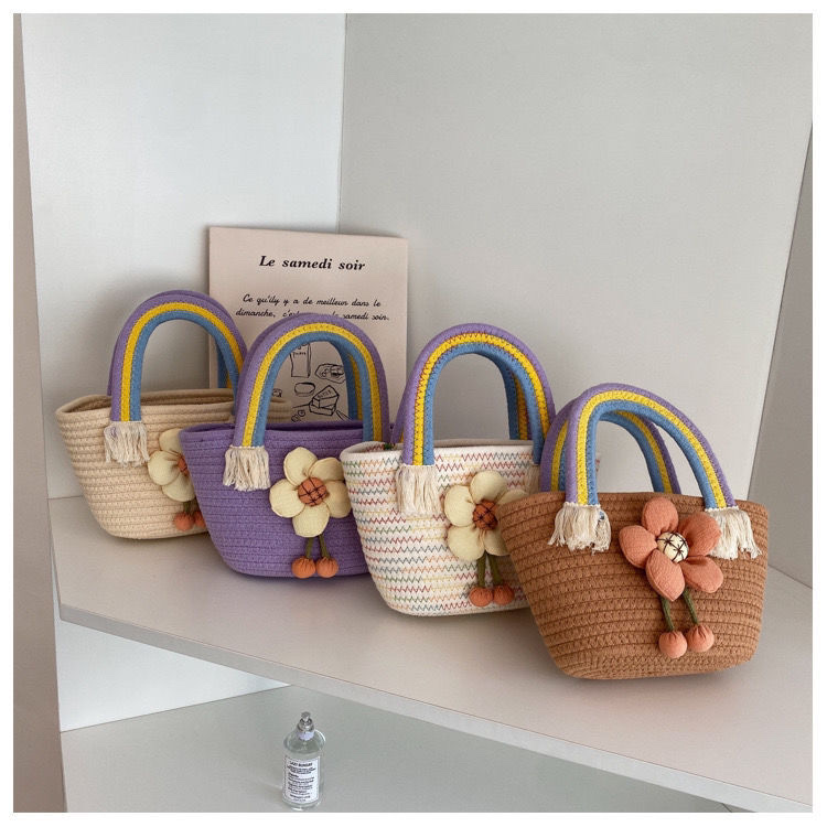Wholesale of hand-woven bags, rainbow handbags, companion baskets, cute flower bags, hand-held beach bags, cotton thread children's bags Specification image