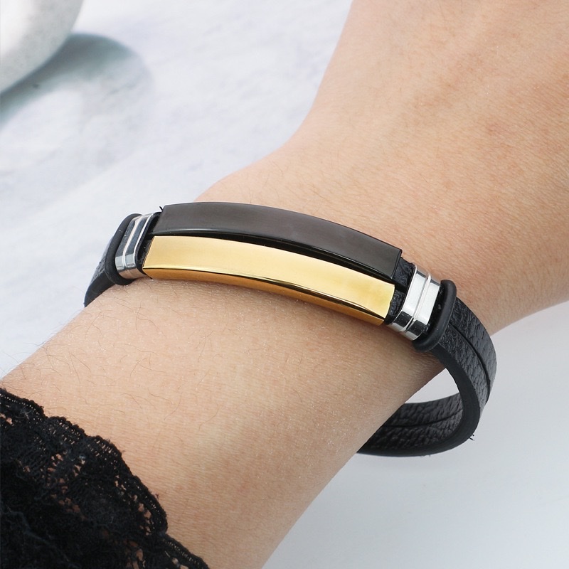 Simple bracelet, titanium steel leather men's wristband, stainless steel personalized signature engraved, retro woven leather bracelet accessory Application Scenario