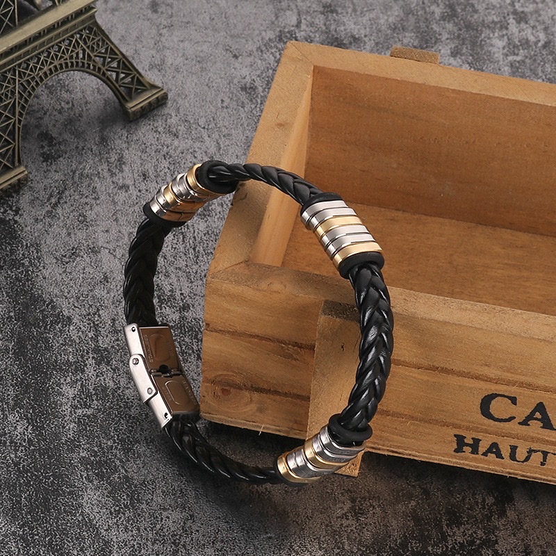 Factory direct supply of woven leather stainless steel bracelets, cross-border European and American men's punk style hip-hop bracelets, one-piece consignment Application Scenario