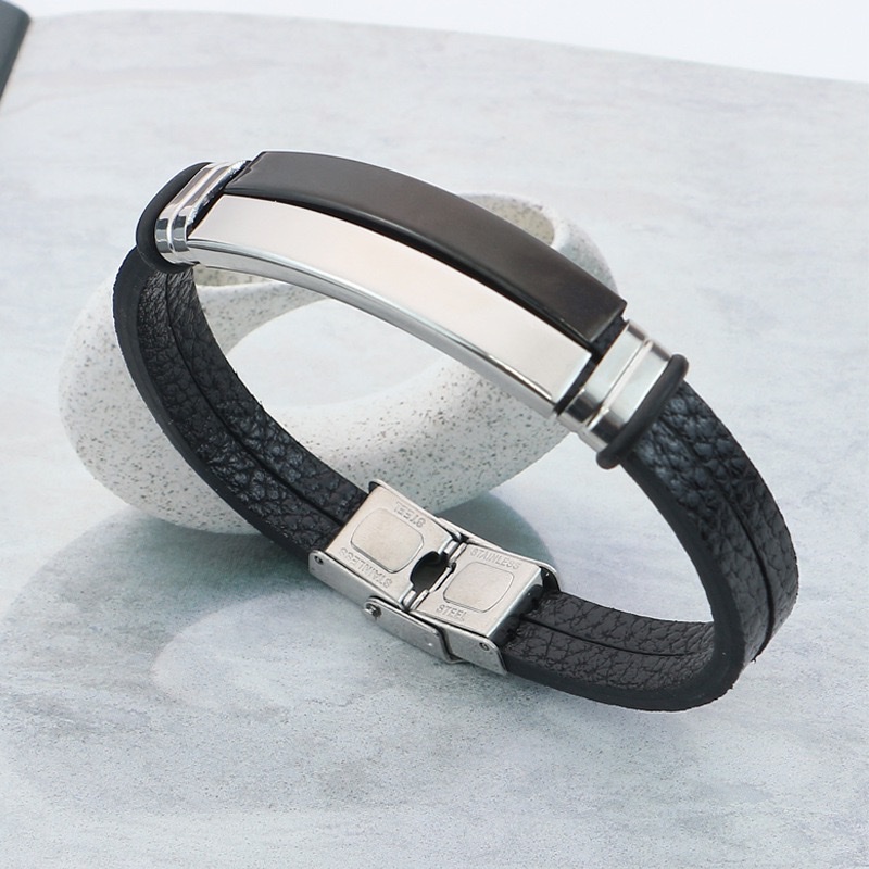Simple bracelet, titanium steel leather men's wristband, stainless steel personalized signature engraved, retro woven leather bracelet accessory Specification image