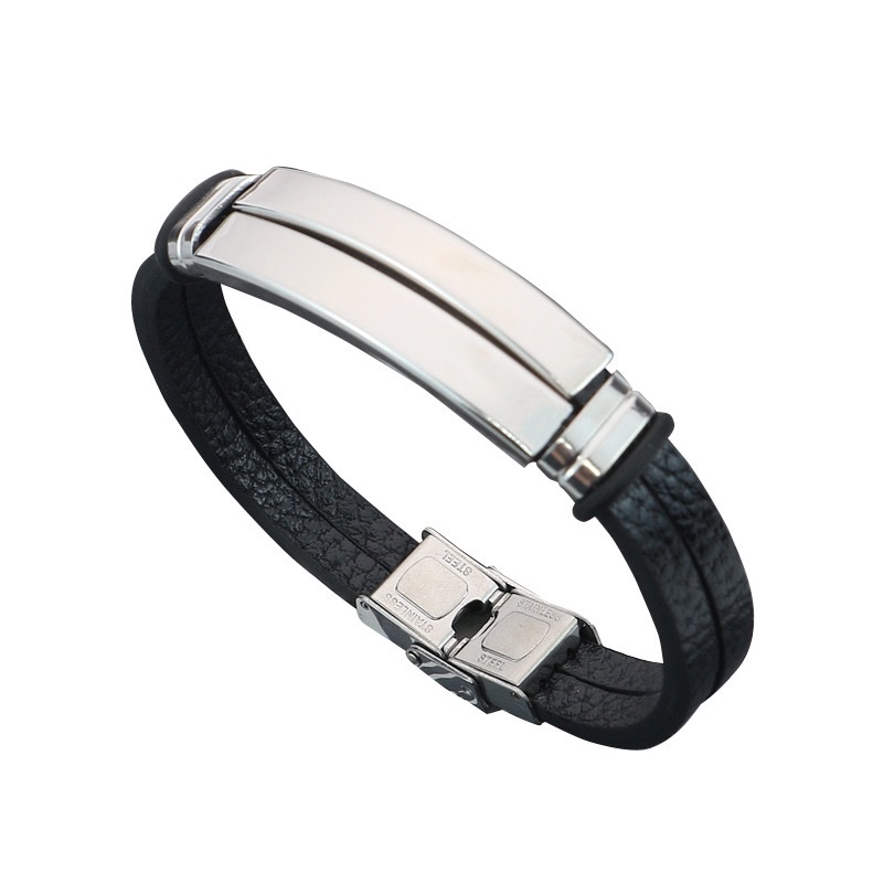 Simple bracelet, titanium steel leather men's wristband, stainless steel personalized signature engraved, retro woven leather bracelet accessory Item Picture