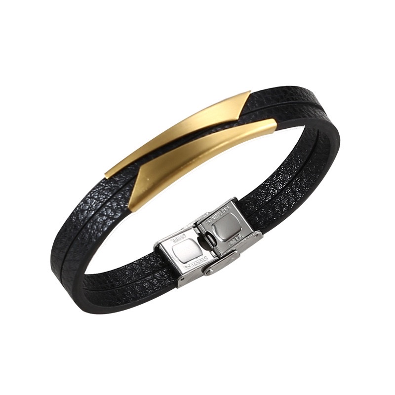 European and American trendy men's bracelet, leather, stainless steel, slanted plate, curved plate, personalized engraved, student gift, titanium steel couple bracelet Specification image