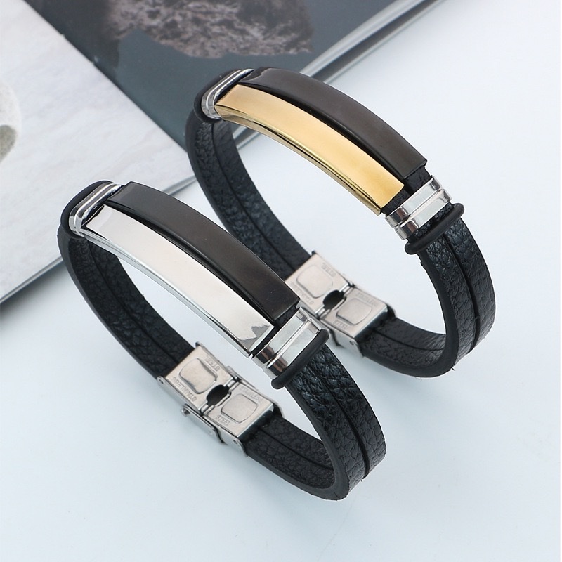 Simple bracelet, titanium steel leather men's wristband, stainless steel personalized signature engraved, retro woven leather bracelet accessory details Picture
