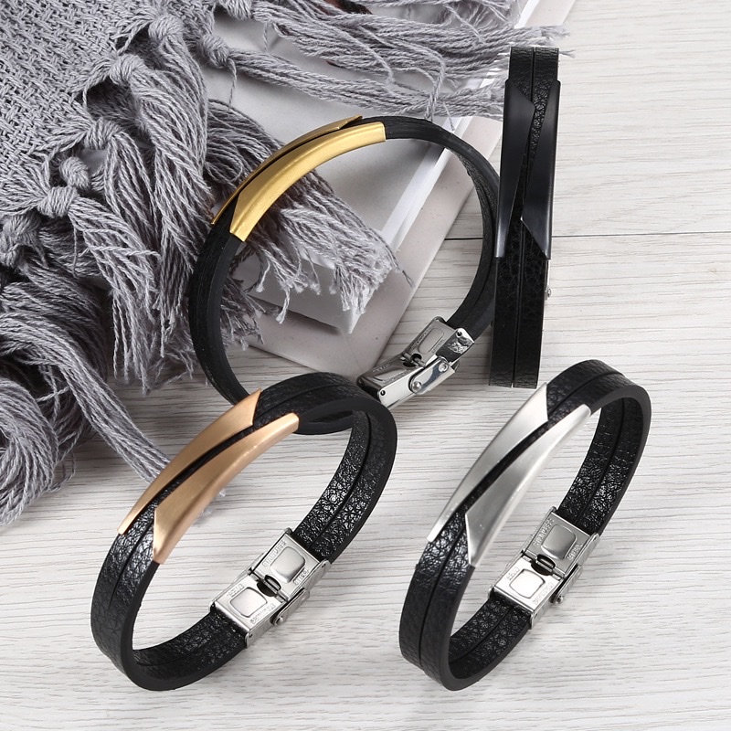 European and American trendy men's bracelet, leather, stainless steel, slanted plate, curved plate, personalized engraved, student gift, titanium steel couple bracelet