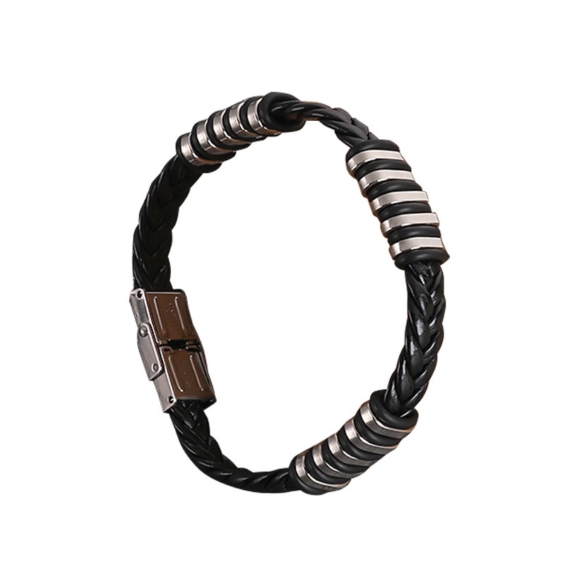 Factory direct supply of woven leather stainless steel bracelets, cross-border European and American men's punk style hip-hop bracelets, one-piece consignment details Picture