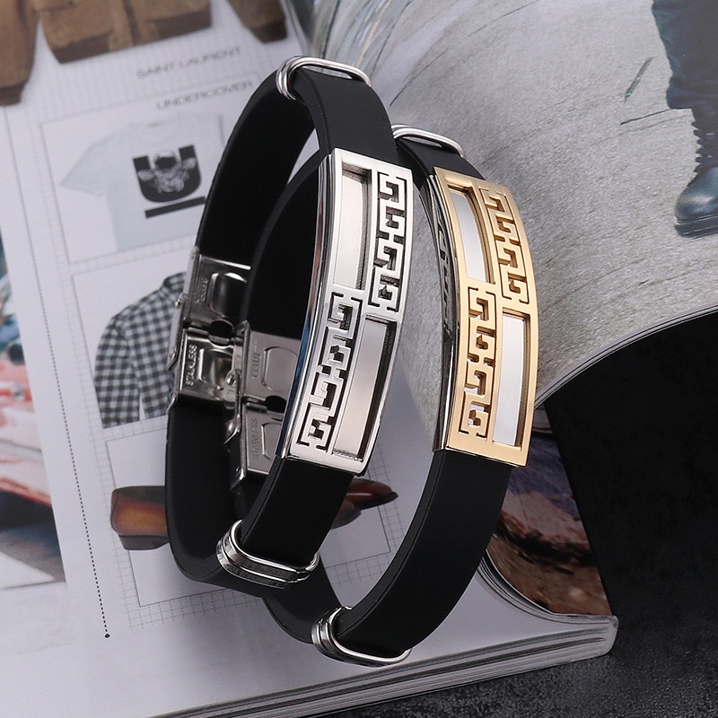 Factory direct supply of perforated Great Wall pattern titanium steel men's personalized bracelet, fashionable silicone stainless steel exaggerated bracelet wholesale details Picture