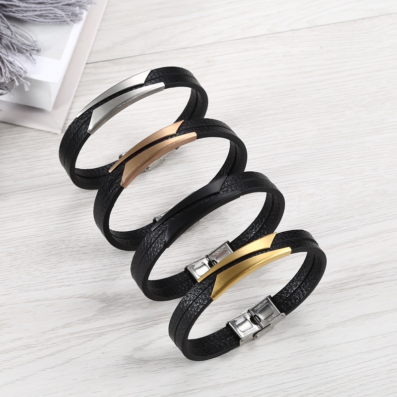 European and American trendy men's bracelet, leather, stainless steel, slanted plate, curved plate, personalized engraved, student gift, titanium steel couple bracelet details Picture