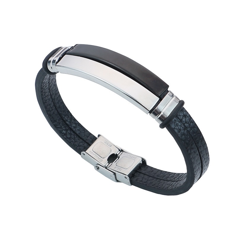 Simple bracelet, titanium steel leather men's wristband, stainless steel personalized signature engraved, retro woven leather bracelet accessory