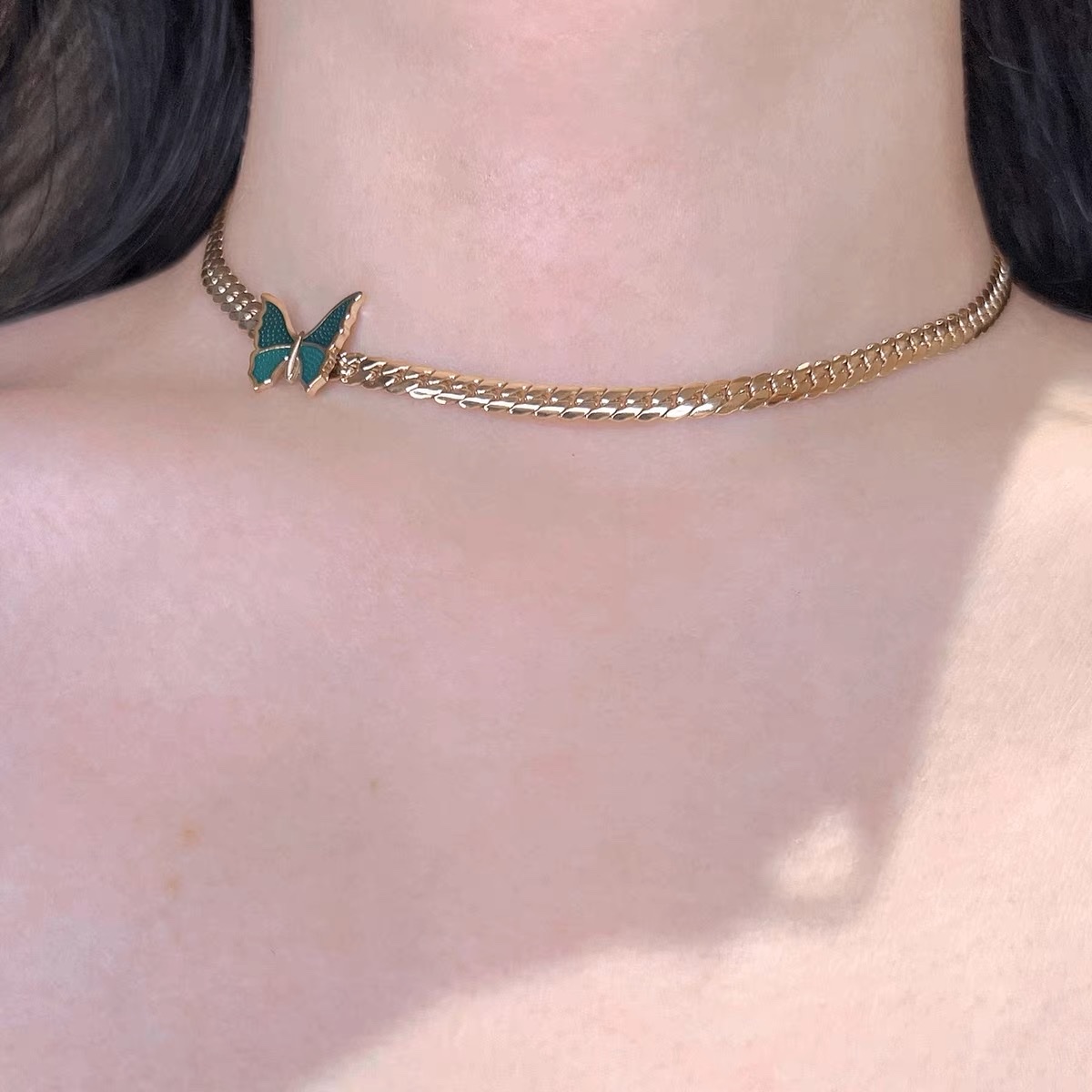 Woven chain Vintage Green butterfly choker neck chain necklace collarbone chain Titanium steel details Picture