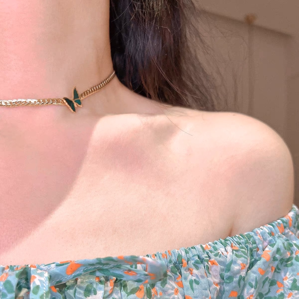 Woven chain Vintage Green butterfly choker neck chain necklace collarbone chain Titanium steel full figure