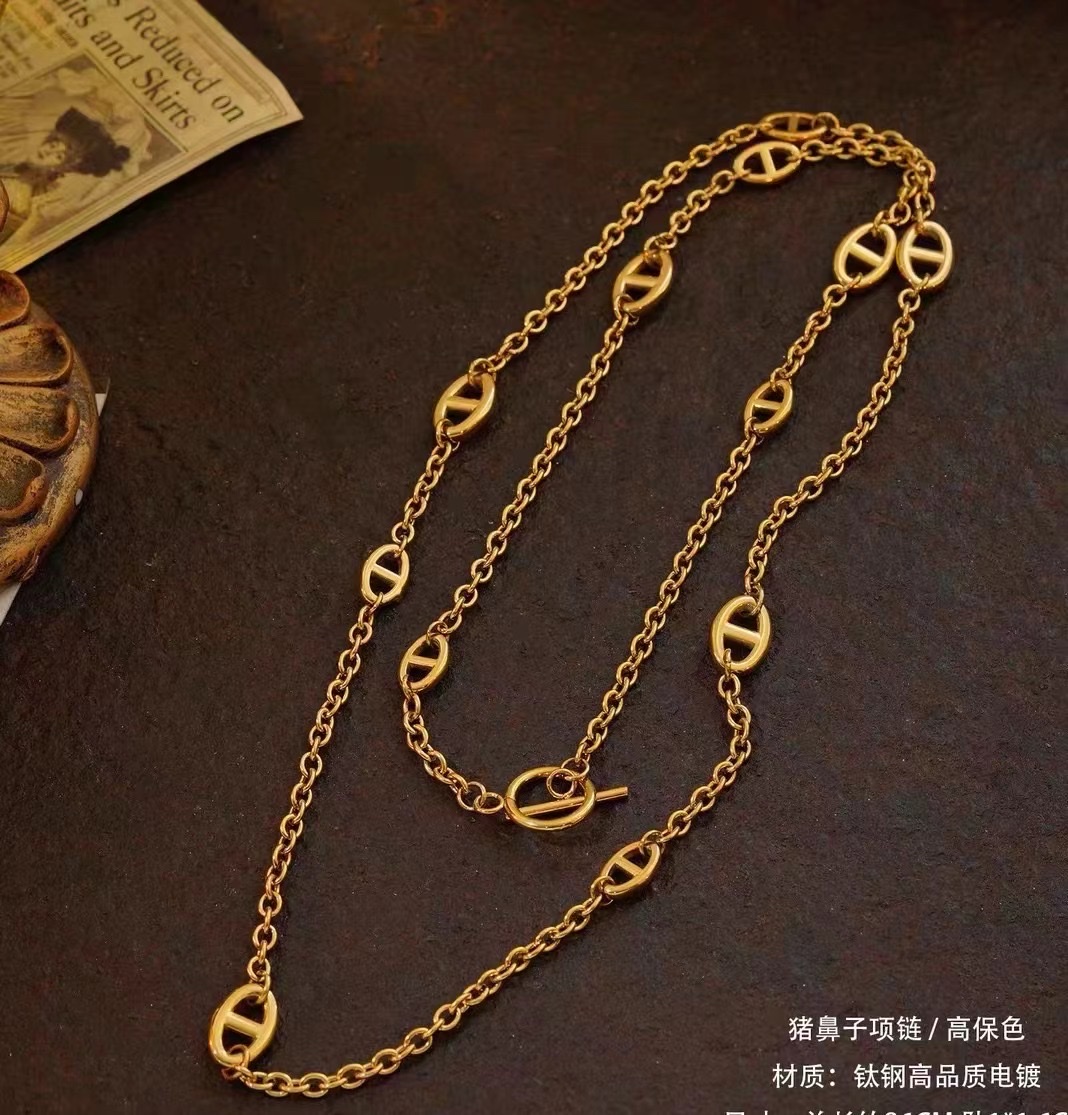 Real gold electroplated OT button necklace fashion high-grade sense sweater chain niche ins accessories