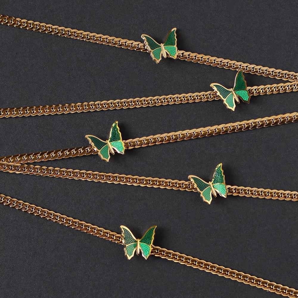 Woven chain Vintage Green butterfly choker neck chain necklace collarbone chain Titanium steel Specification drawing
