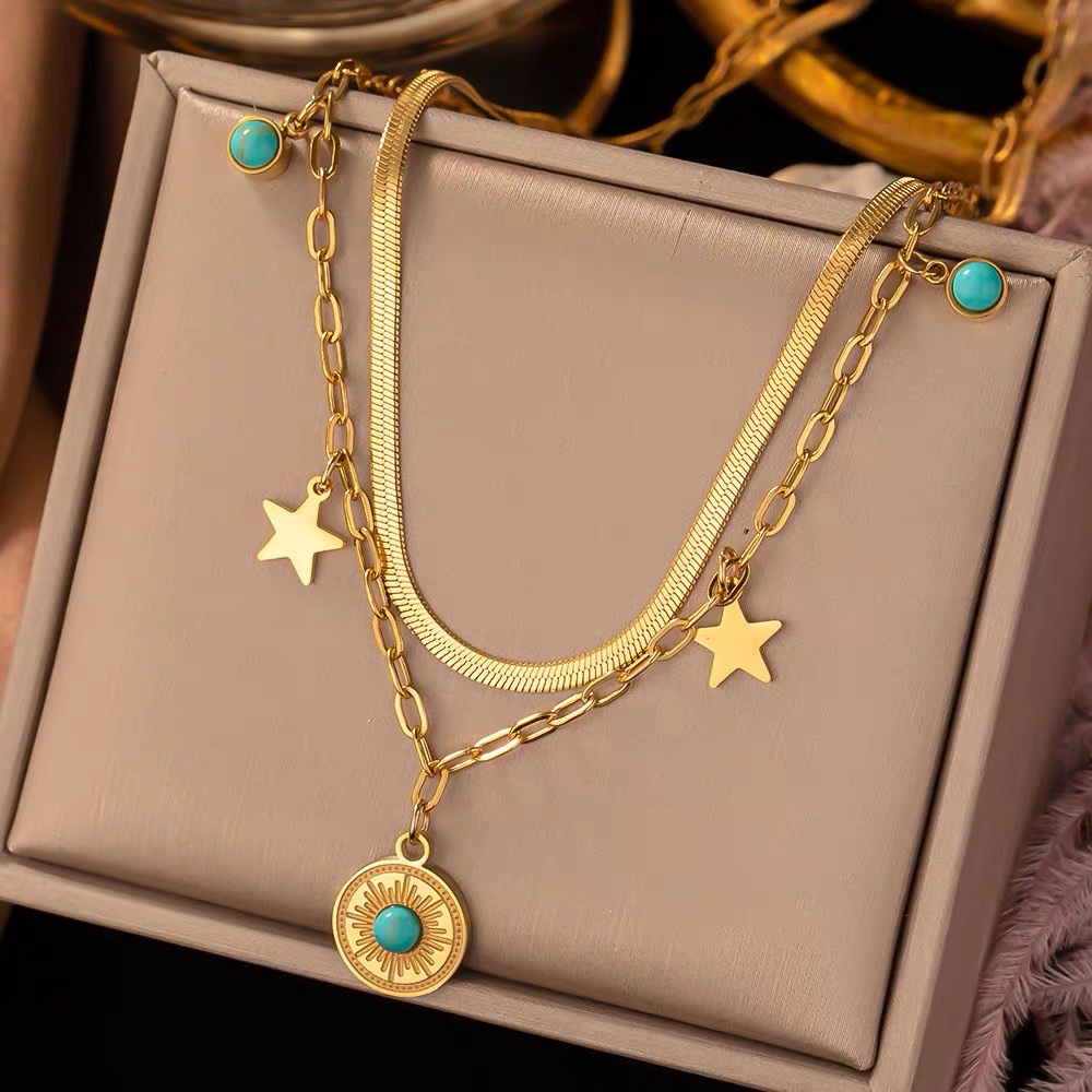 欧美跨境时尚饰品双层锁骨链绿松石圆牌蓝眼睛吊坠项链女