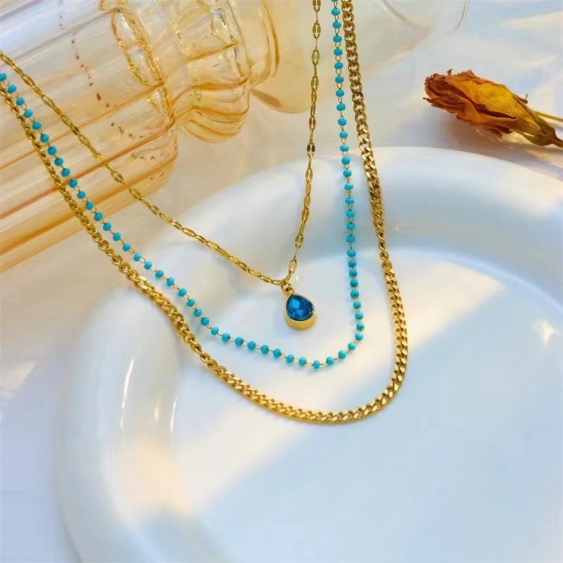Stainless Steel Non-Fading Three Layer Blue Crystal Necklace Specification drawing