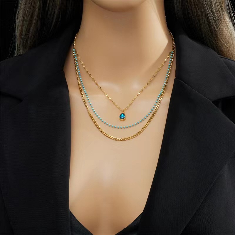 Stainless Steel Non-Fading Three Layer Blue Crystal Necklace details Picture