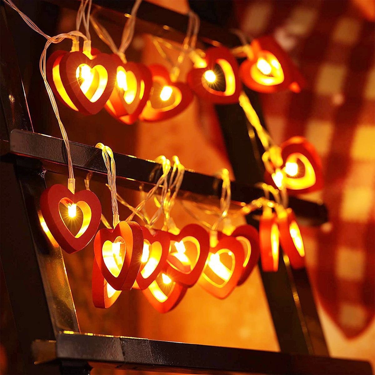 Valentine's Day light string wooden art heart red warm light 2-meter 10-lamp battery model