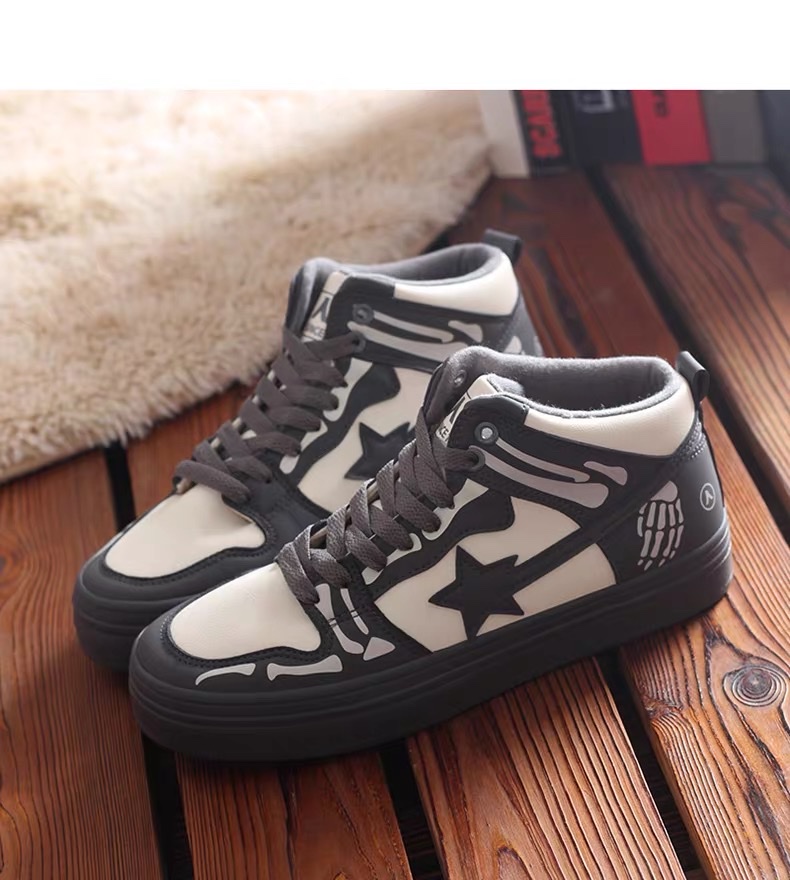 Renben Short plush men's Shoes 2023 Autumn/Winter Korean version high-top warm casual board shoes, teenagers' leather upper two-cotton trendy shoes Application Scenario