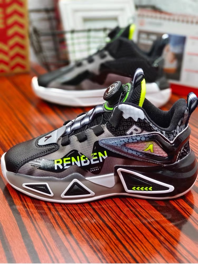 Renben children's shoes for autumn and winter: Waterproof leather upper cotton lining, fashionable and trendy sports shoes without LACES, rotating buttons, one-step shoes details Picture