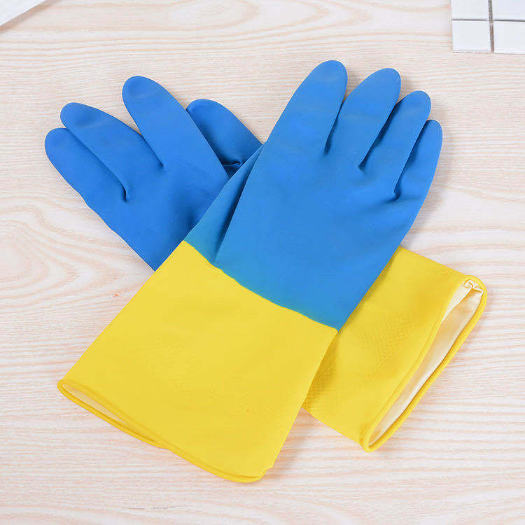 蓝黄双色家用家务洗碗清洁手套外贸出口批发细节图
